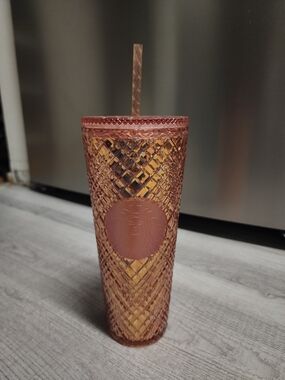 Starbucks Pink Rose Gold Textured 24oz Tumbler with Straw 2023